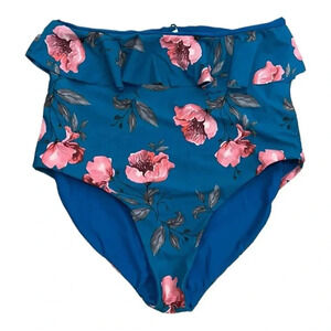Coral Reef Teal Floral Ruffle High Waisted Reversible Bikini Bottoms L